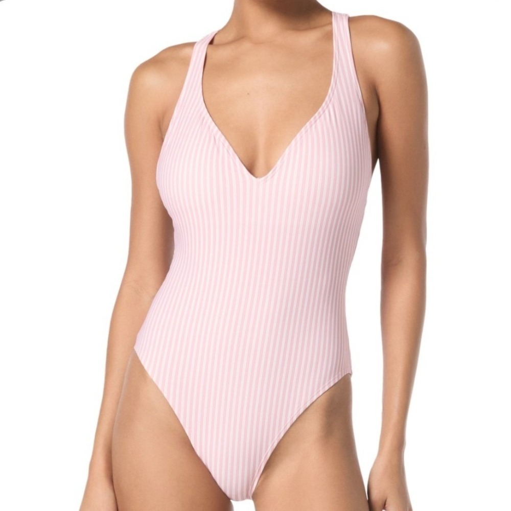 Michael Kors Rosewater Striped Ribbed Swimsuit O-Ring Back Pink Size 14 $122